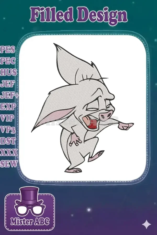 Expressive Gnorga embroidery design, a light grey pig-like character with pink features and an open mouth.