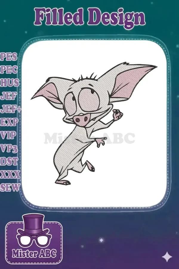 A detailed machine embroidery design of Pinky from Pinky and the Brain, captured in a playful, upward-looking pose.