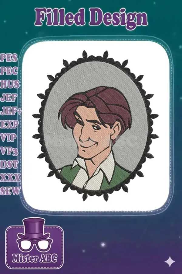 Dimitri character embroidery design, featuring a charming man with brown hair in a decorative oval frame.