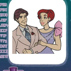 Full-color embroidery design of a distinguished man and elegant woman, reminiscent of Anastasia and Dimitri.