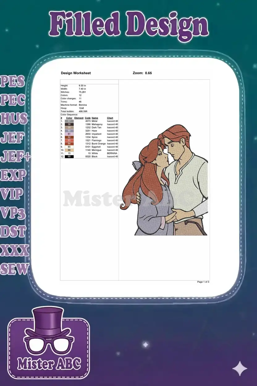 Embroidery design worksheet detailing dimensions, stitch count, color changes, and a comprehensive color sequence chart.