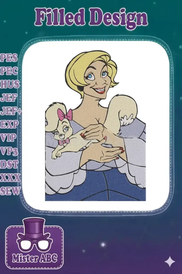 Detailed embroidery design of Lady Tremaine from Cinderella, holding a small dog with a pink bow, on a white background.