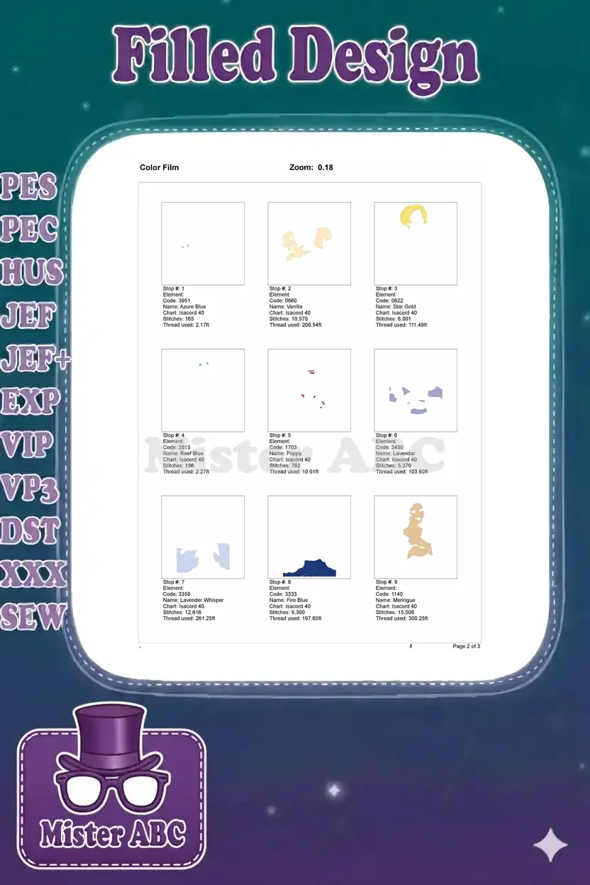 First page of the color film, showing individual color elements and stitching order for the embroidery design.