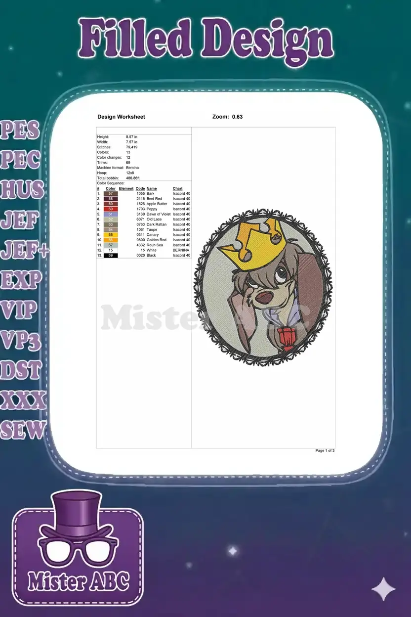 A design worksheet providing technical specifications for the Copper dog embroidery, including stitch count and color chart.