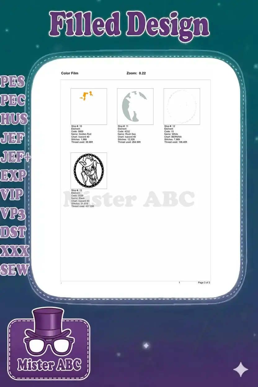 The second page of a color film document, showcasing the final embroidery 'stops' and thread usage for the design.