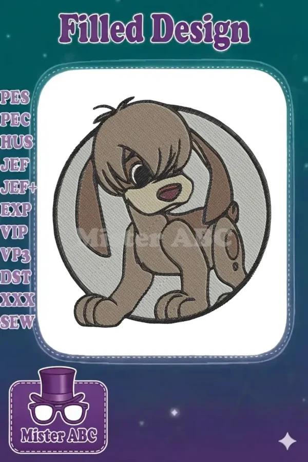 A charming machine embroidery design featuring a cute, shaggy-haired brown puppy with floppy ears in a circular frame.
