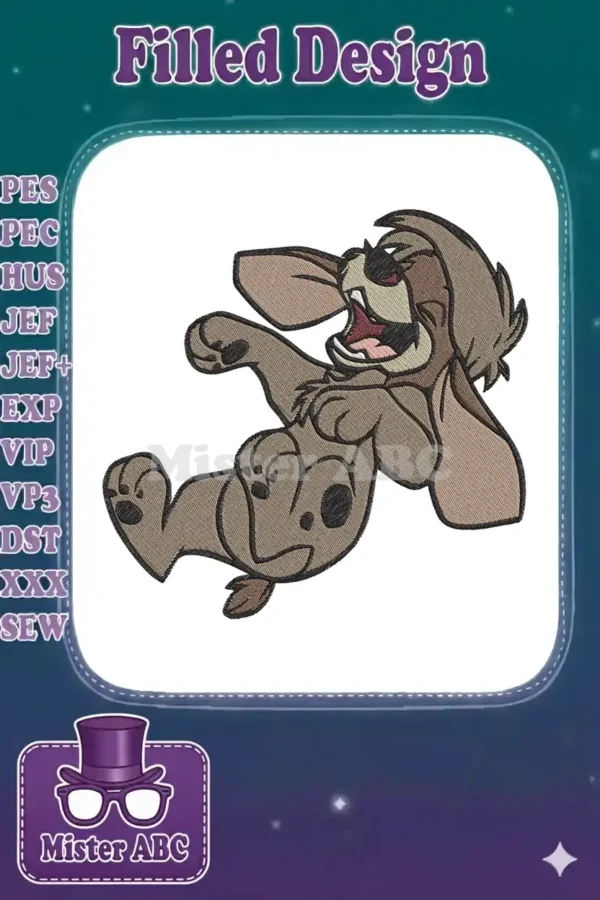Detailed machine embroidery design of a playful brown cartoon dog, possibly Copper, lying on its back with an open mouth.