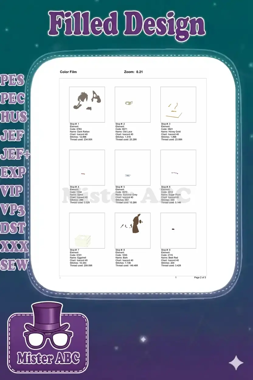 The first part of a color film breakdown, illustrating the initial stitching sequence of the Dodger embroidery design.