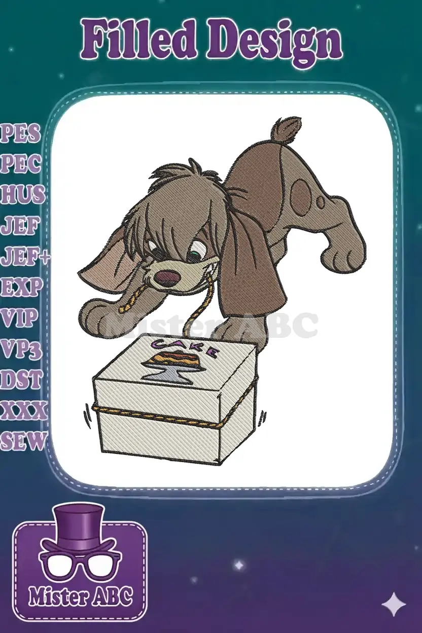 Dodger, the mischievous dog from Oliver & Company, pulling a white box labeled 'CAKE' with a determined expression.