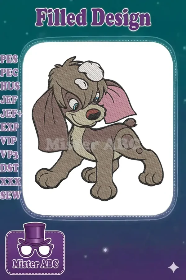 Adorable embroidery design of young Copper from Disney's The Fox and the Hound, featuring expressive eyes and floppy ears.