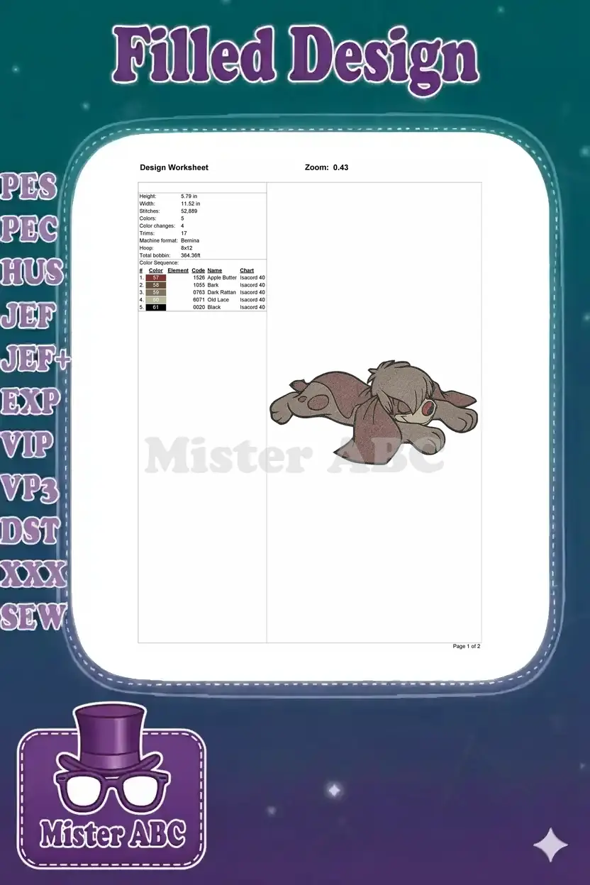 A design worksheet detailing the Lillipup embroidery, showing dimensions, stitch count, colors, and thread sequence.