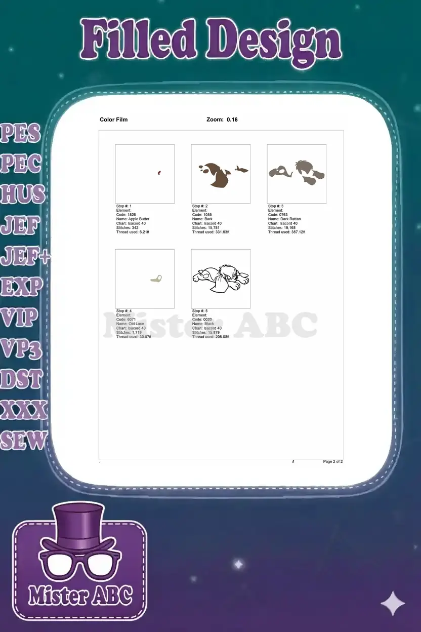 A color film document showing the progressive stitch-out steps and color changes for the Lillipup embroidery design.