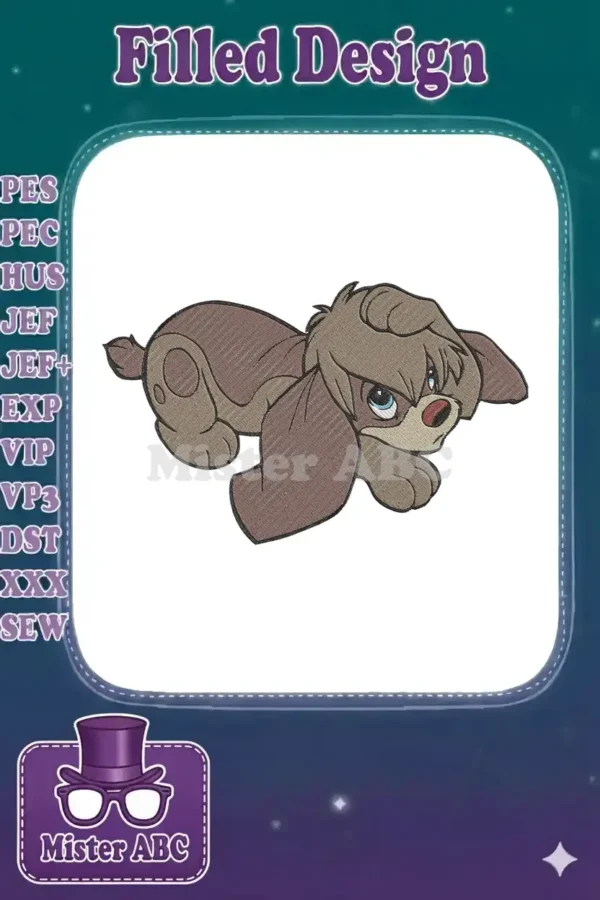 A charming embroidery design of a sad-looking brown puppy with floppy ears and big blue eyes, lying down.
