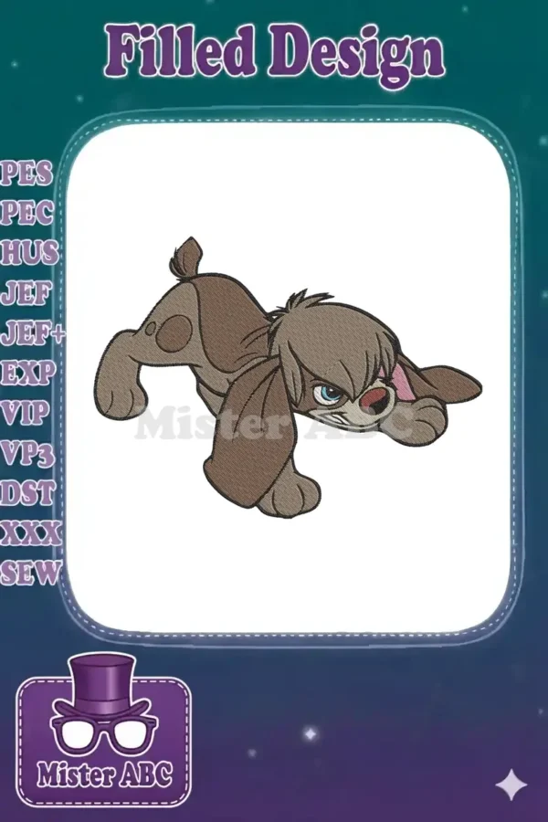 A detailed embroidery design of Scamp from Lady and the Tramp 2, in a playful, determined stance.