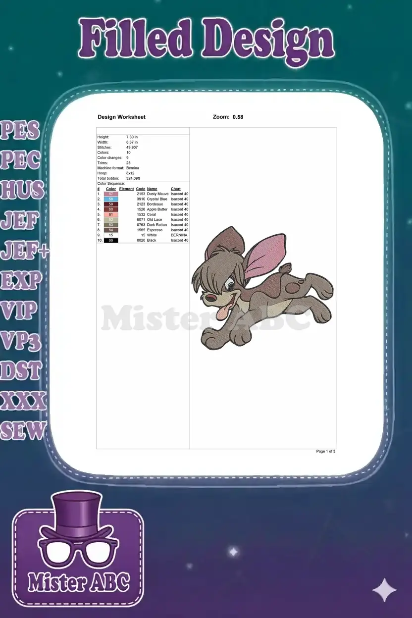 Embroidery design worksheet detailing stitch count, dimensions, color sequence, and machine format for Dodger.