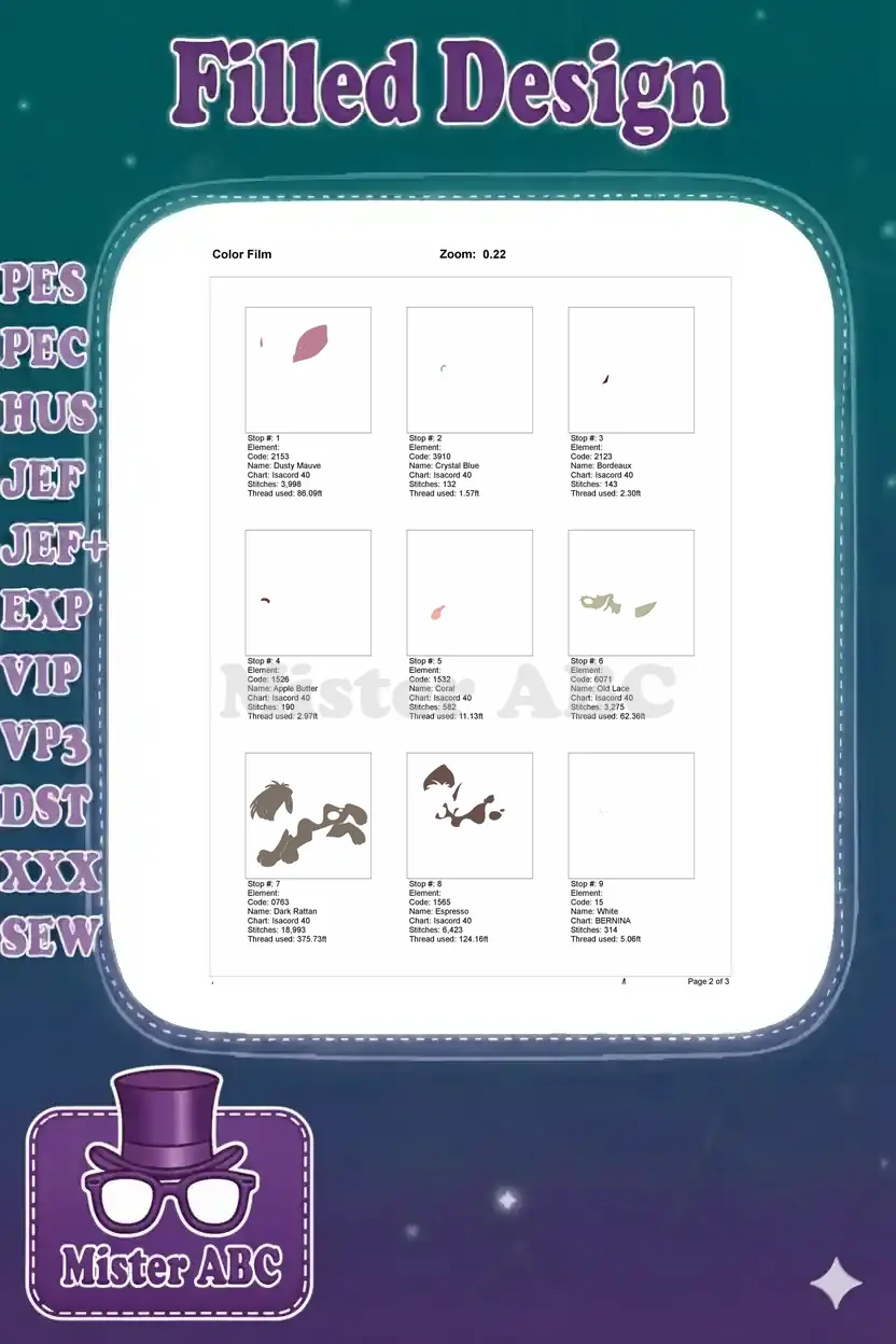 Page 2 of the color film document, illustrating individual color stops and stitch details for the embroidery design.