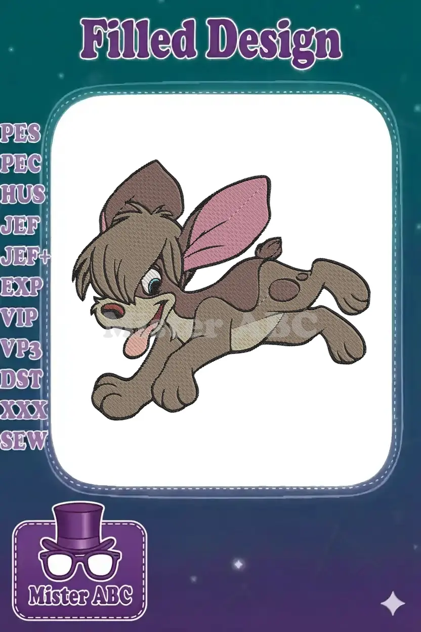 Full-color embroidery design of Dodger from Disney's Oliver & Company, energetically running with a wide smile.