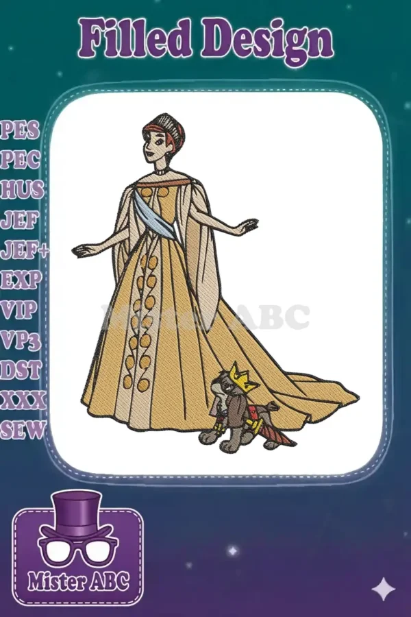 Full-color embroidered design of Anastasia in a golden gown with Pooka, her dog, wearing a crown beside her.