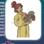 Happy woman in yellow dress holding playful brown puppy embroidery designs - Instant Download