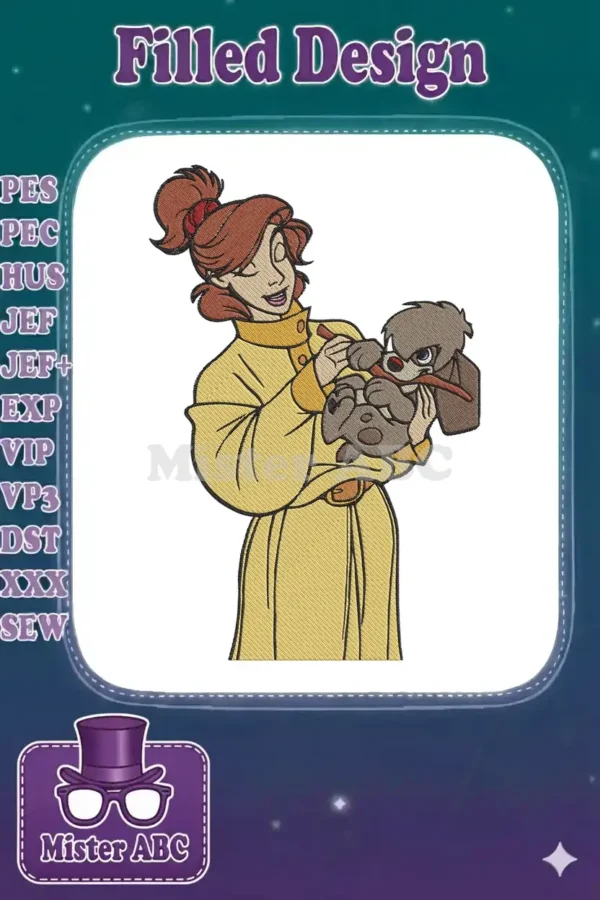 Anastasia from the animated film, gently holding her loyal dog Pooka, who playfully holds a stick. Detailed embroidery.