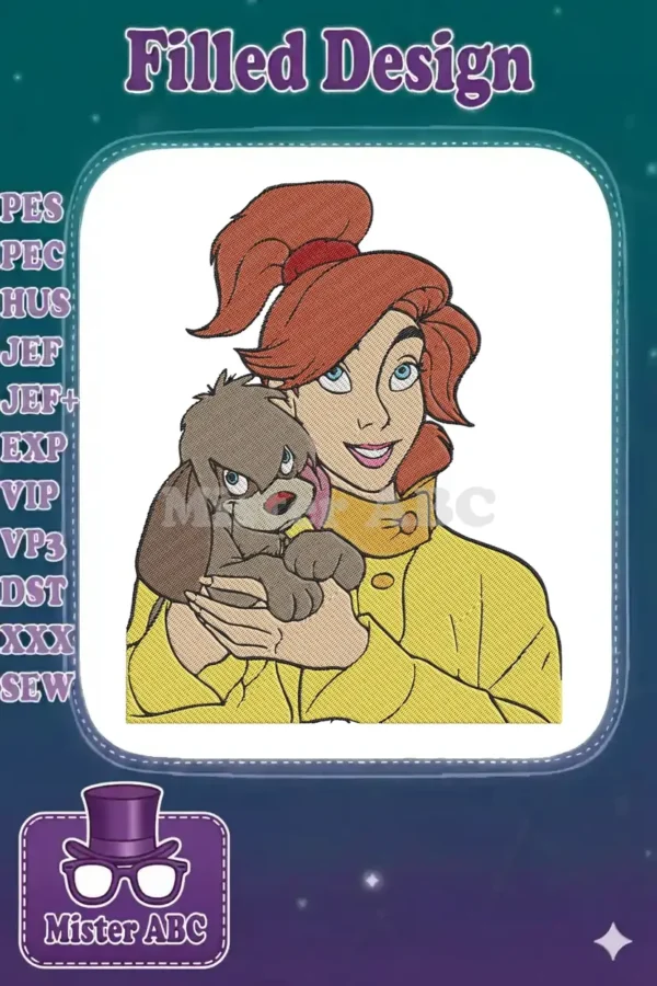 Vibrant embroidery design featuring Anastasia from the animated movie, gently holding her loyal dog Pooka.