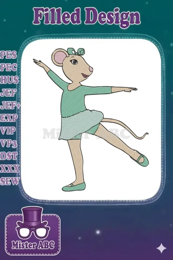 An enchanting Angelina Ballerina embroidery design, poised gracefully in a ballet arabesque, ready to stitch.