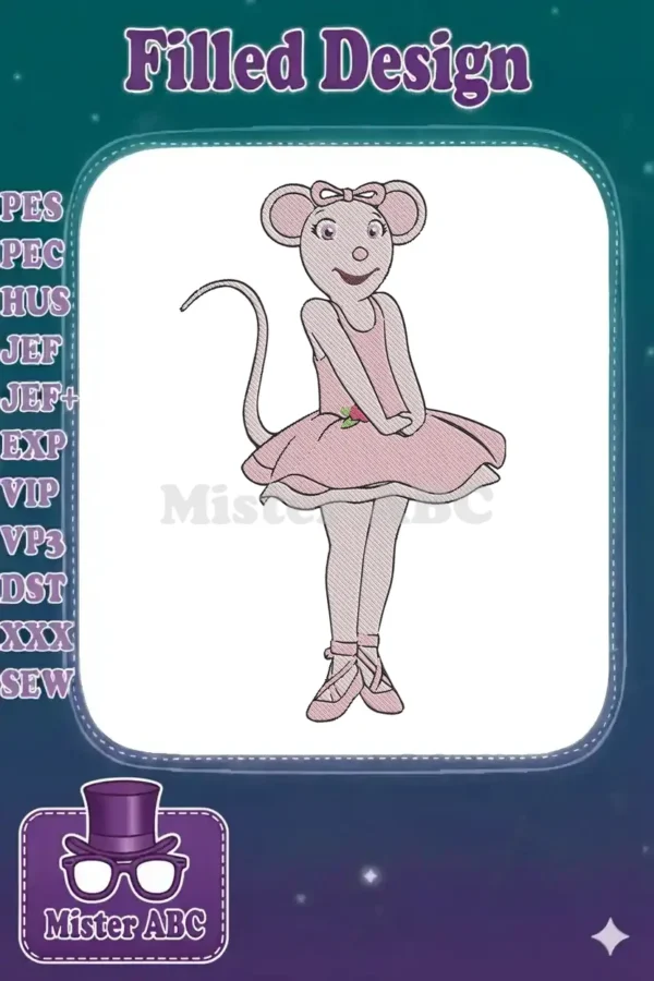 Detailed embroidery of Angelina Ballerina, a pink mouse in a ballet dress, standing gracefully en pointe.
