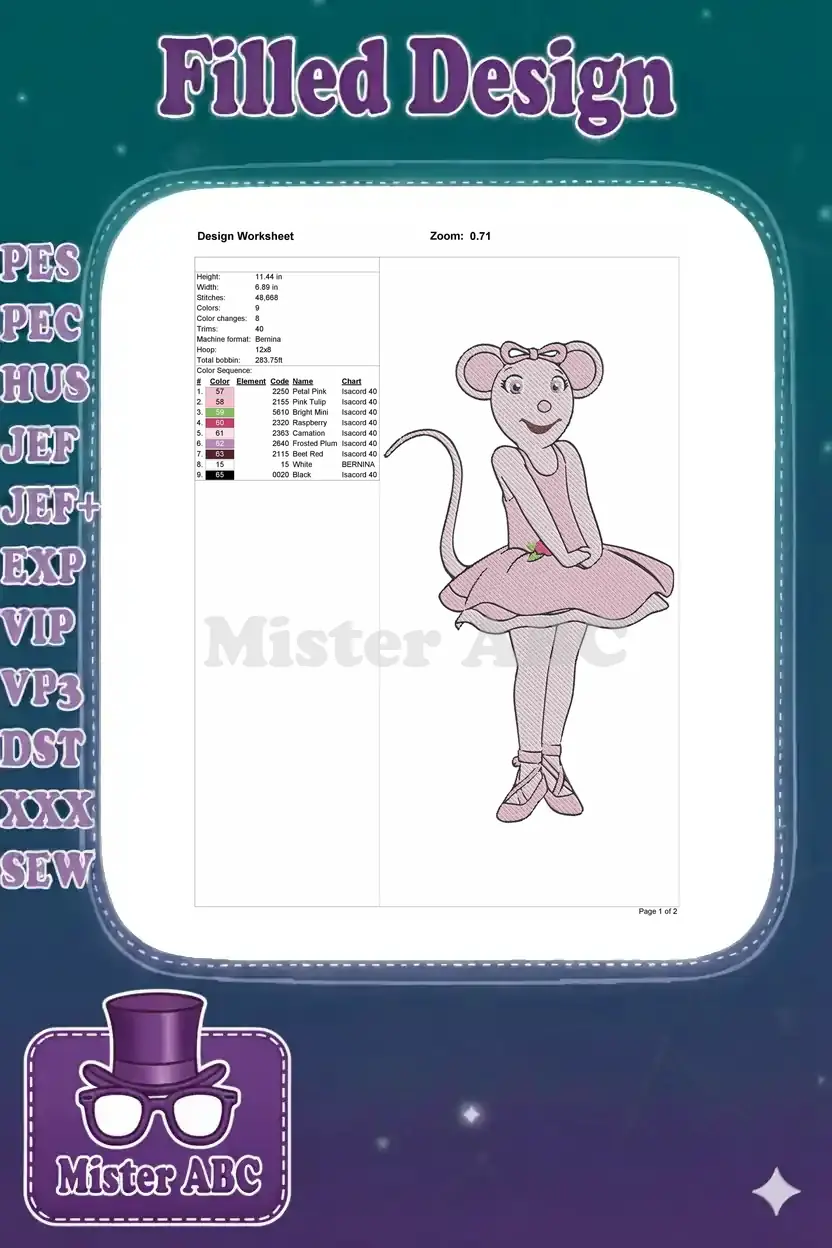 Embroidery design worksheet detailing dimensions, stitch count, color chart, and machine format for Angelina.