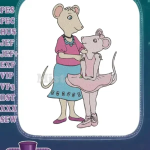 Embroidered design of a mother mouse embracing her daughter, who is dressed in a pink ballerina outfit, on white.