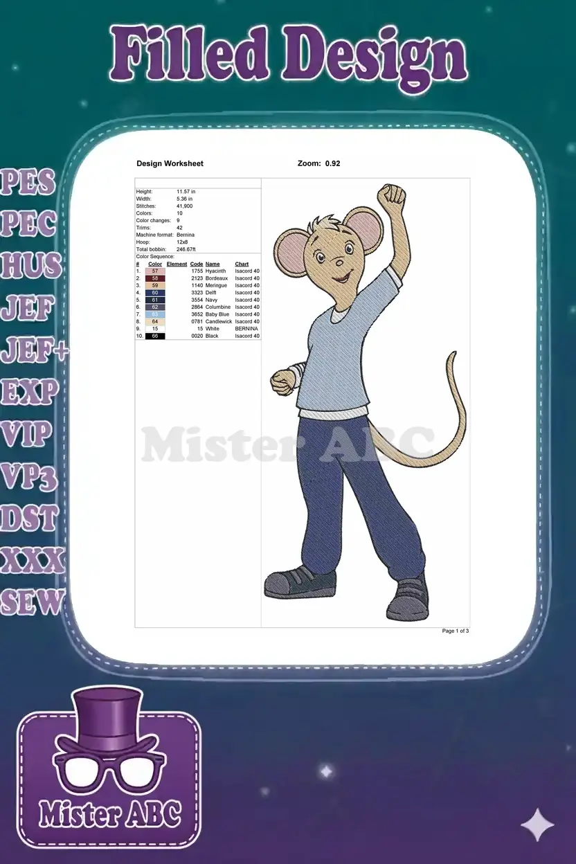 Embroidery design worksheet showing the mouse character, dimensions, stitch count, and color sequence chart.