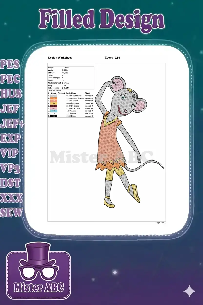 Embroidery design worksheet showing Angelina Ballerina, alongside detailed specifications like dimensions, stitches, and color chart.