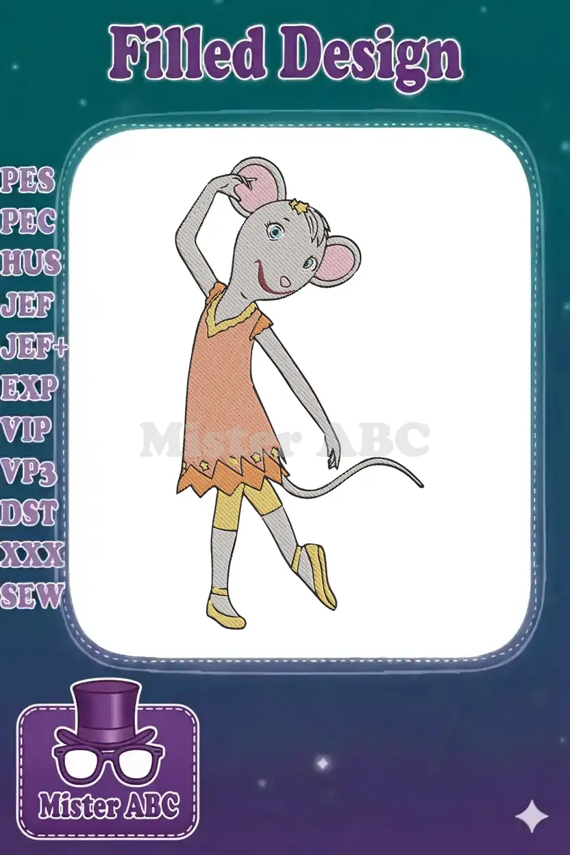 Full-body embroidery design of Angelina Ballerina, a cheerful gray mouse in an orange dress, striking a dance pose.