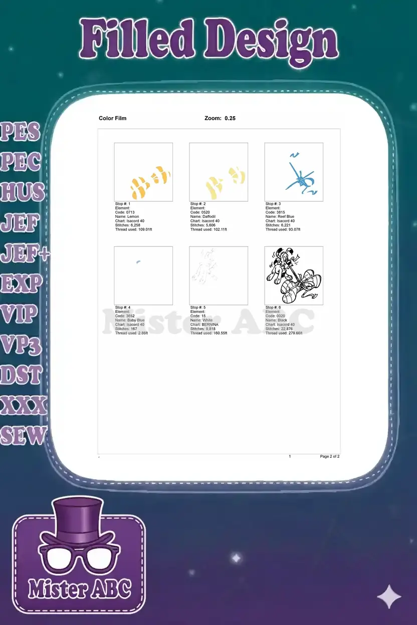 Color film sequence for the Idefix embroidery design, showing each stitch stop and thread usage for precise execution.