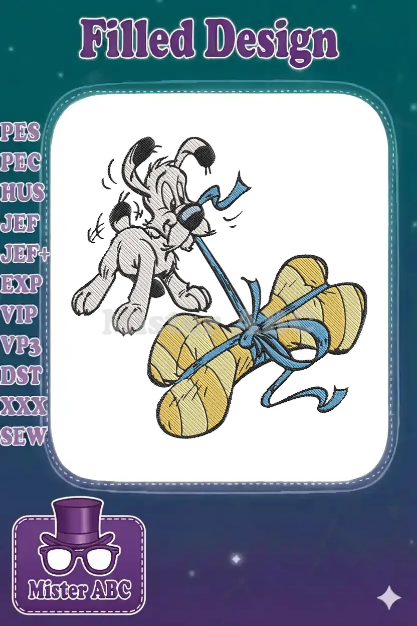 Idefix, Asterix's loyal dog, playfully tugging a large, ribbon-wrapped bone, showcasing a vibrant embroidery design.