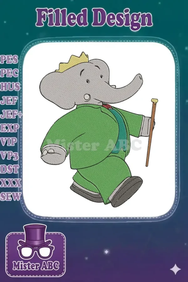 Babar the Elephant embroidery design, walking with a cane and wearing a green suit, crown, and red tie.