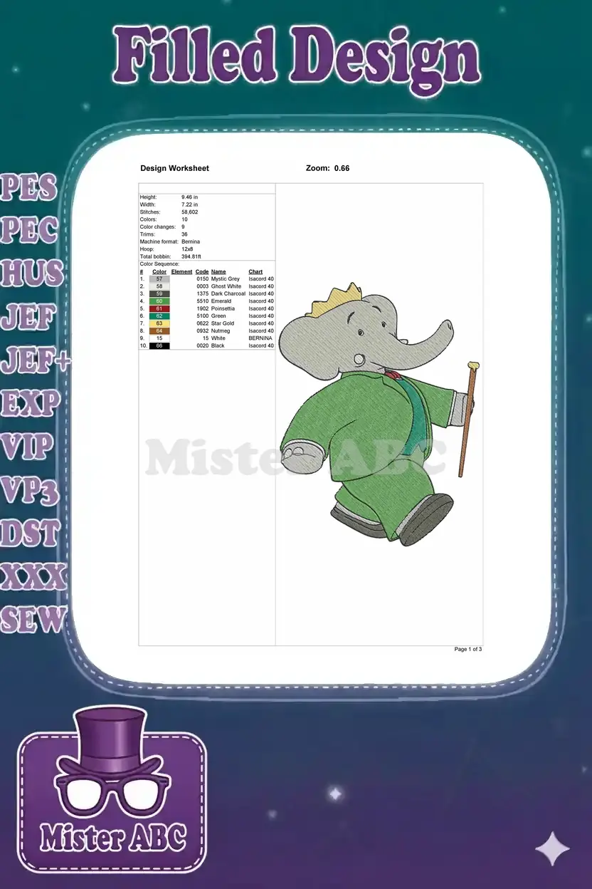 Embroidery design worksheet for Babar, detailing stitch count, colors, dimensions, and machine format.