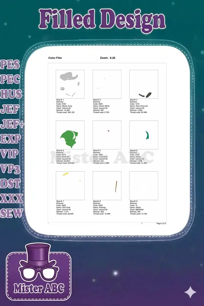 First page of the embroidery color film, showing initial stitch-out steps for Babar design elements.