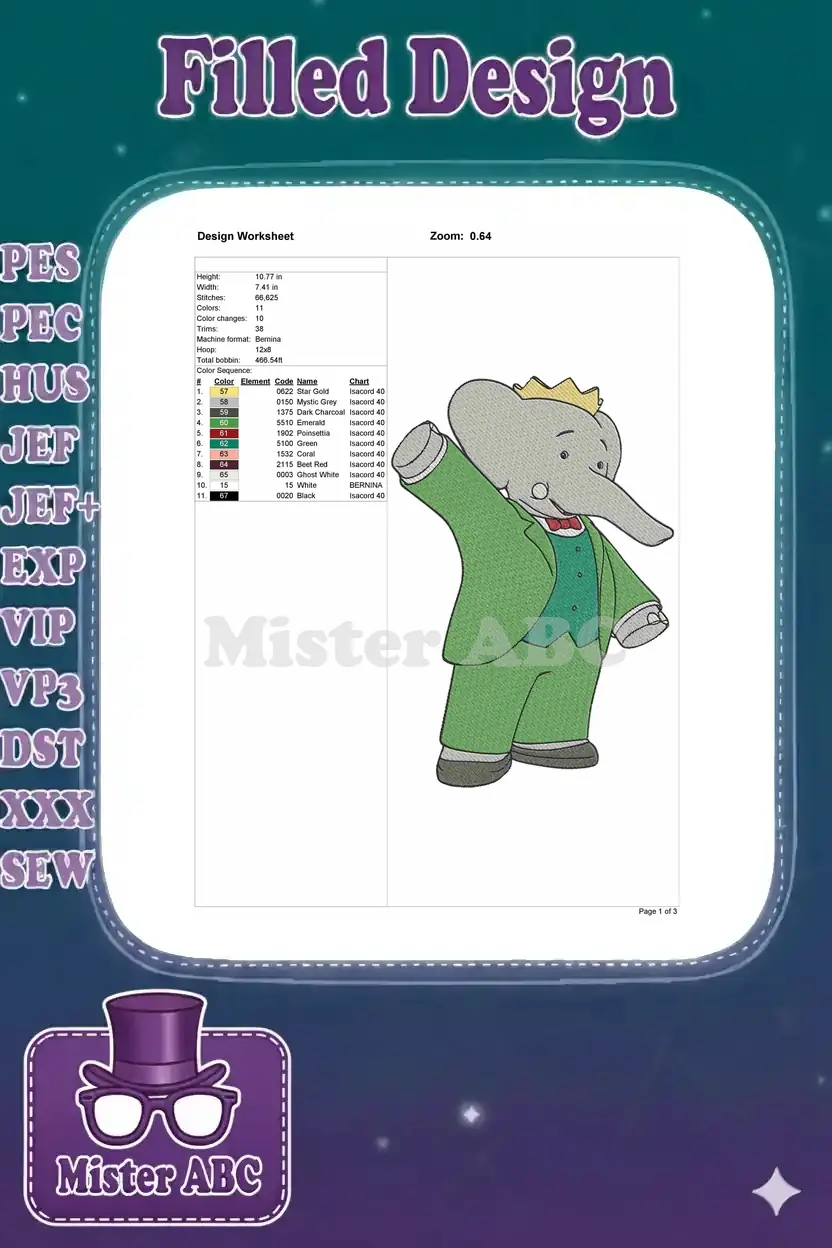 Embroidery design worksheet for Babar, detailing height, width, stitch count, colors, machine format, and thread chart.