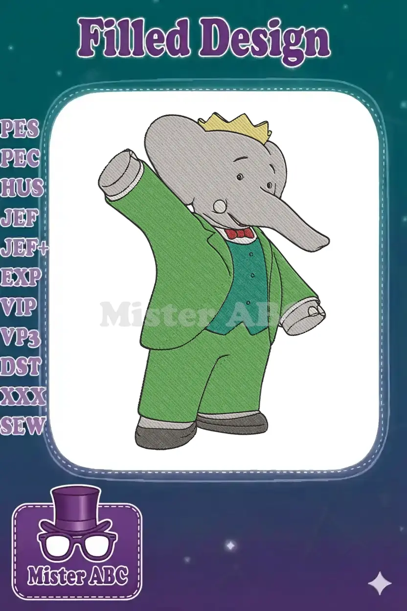 Full-color embroidery design of Babar the Elephant, wearing a green suit, red bow tie, and gold crown, waving cheerfully.