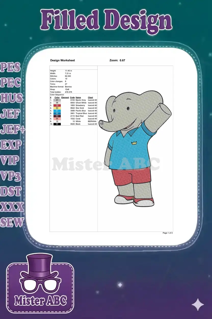 Detailed embroidery design worksheet for Babar the Elephant, showing dimensions, stitch count, and color sequence.
