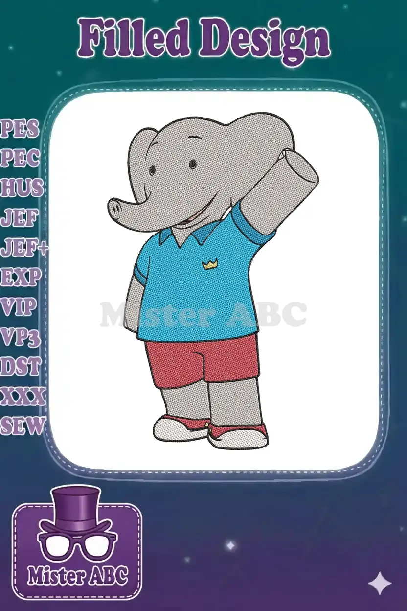A vibrant embroidery design featuring Babar the Elephant in a blue polo and red shorts, raising his arm to wave.