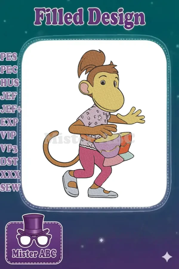 A charming embroidery design of Sue Ellen the monkey from Arthur, energetically playing colorful drums, on a white background.