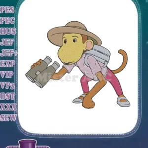 Curious George embroidery design featuring the beloved monkey as an intrepid explorer with binoculars and a safari hat.