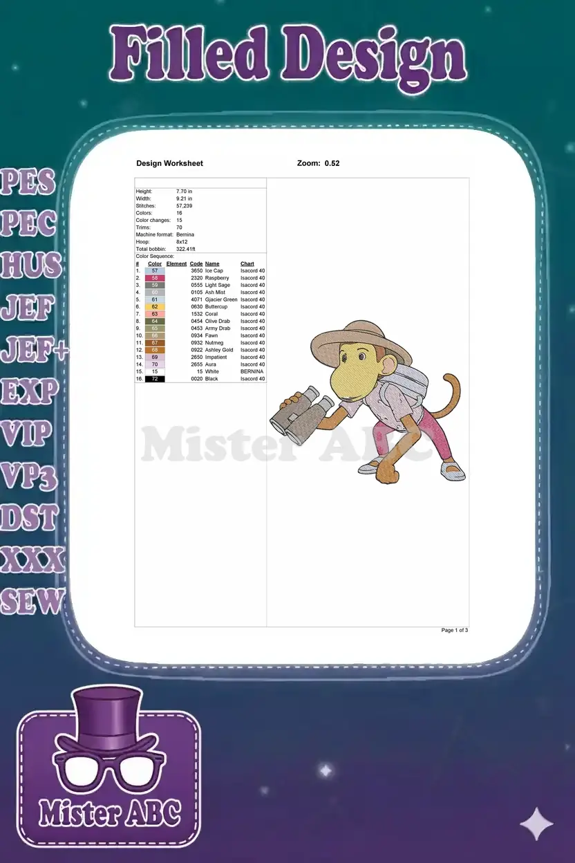 Embroidery design worksheet for Curious George explorer, detailing dimensions, stitch count, colors, and machine compatibility.