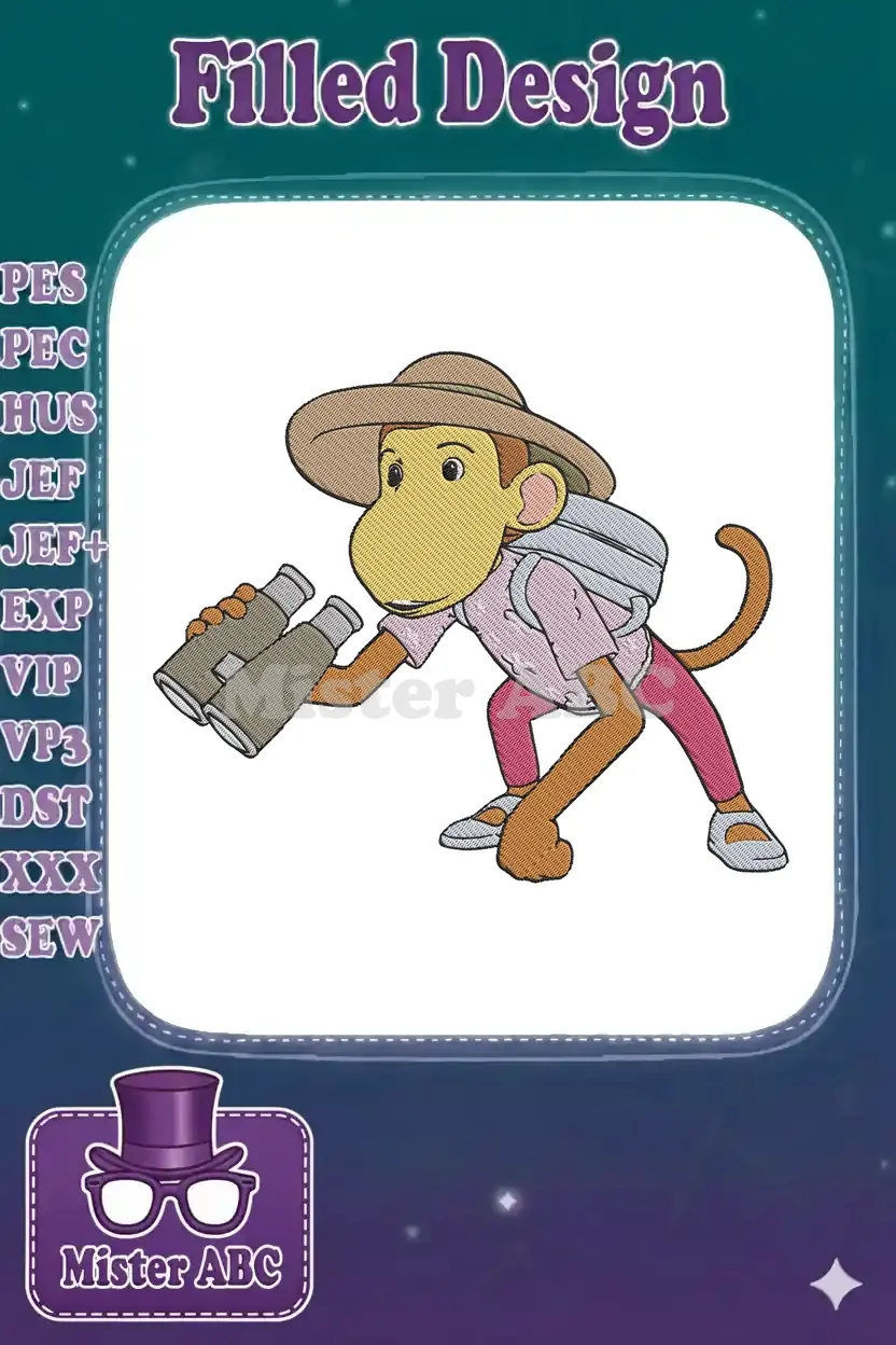 Curious George embroidery design featuring the beloved monkey as an intrepid explorer with binoculars and a safari hat.