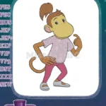 Cute Cartoon Monkey Girl Pink Outfit Ponytail Embroidery Designs - Instant Download