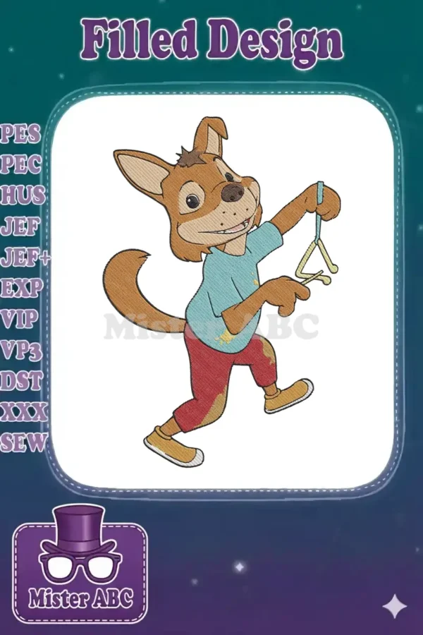 A vibrant embroidery design featuring a cheerful brown cartoon dog playing a shiny gold triangle instrument.