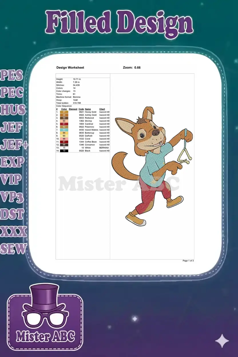 Embroidery design worksheet showing dimensions, stitch count, color changes, and a visual representation.