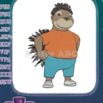 Happy porcupine cartoon character in orange shirt blue shorts embroidery designs - Instant Download