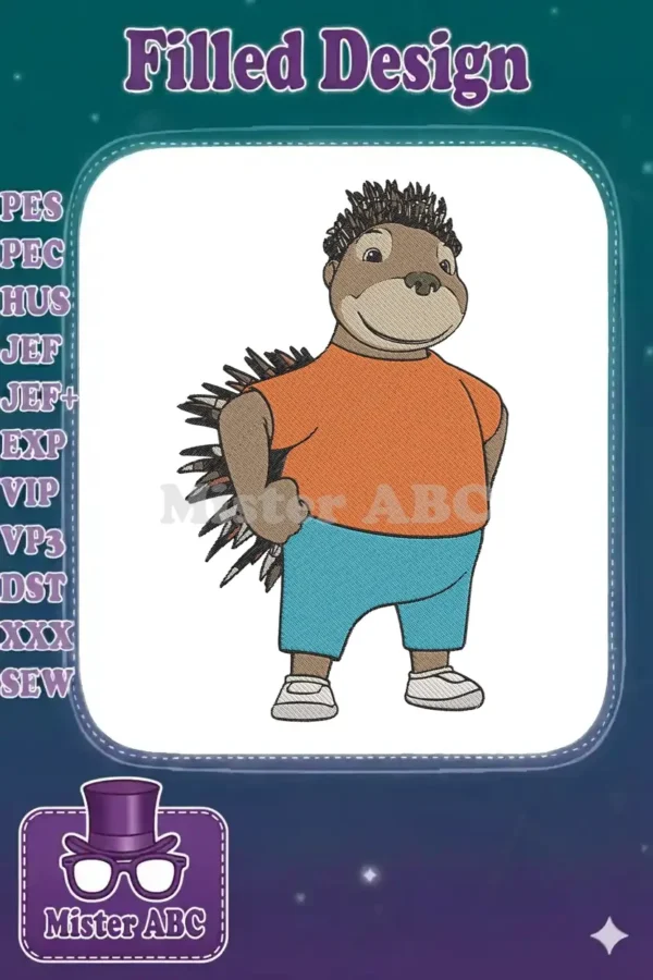 Full-body embroidery design of a friendly anthropomorphic porcupine-like character in an orange shirt and blue shorts.